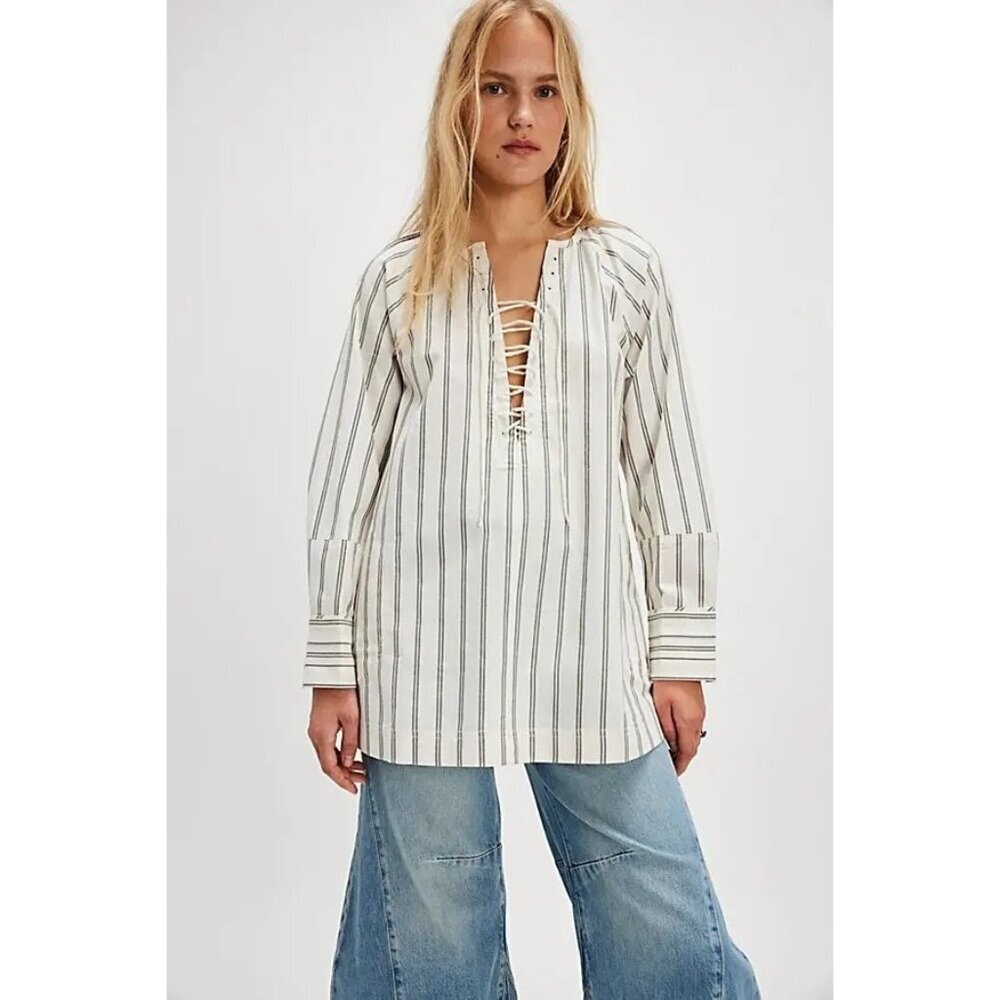 NEW WE THE FREE BY FREE PEOPLE LISBON STRIPED LACE UP TUNIC IVORY COMBO SMALL